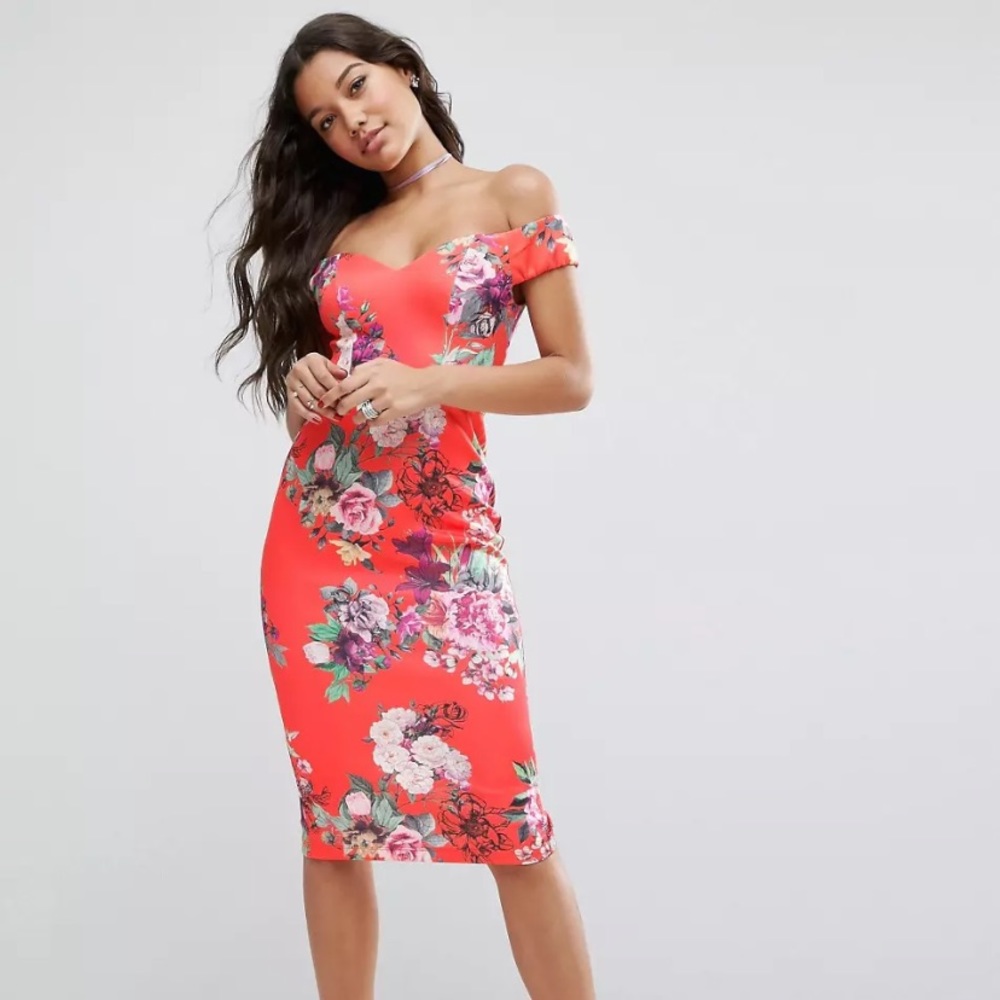 ASOS Sweetheart Bardot Bright Floral Midi
